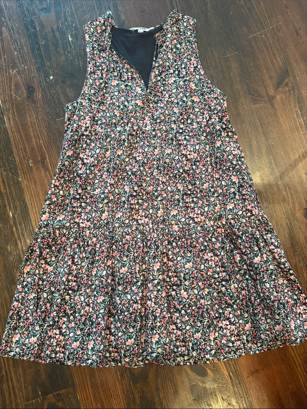 BB Dakota Black Floral Sleeveless Swing Dress with Pink and Green Accents